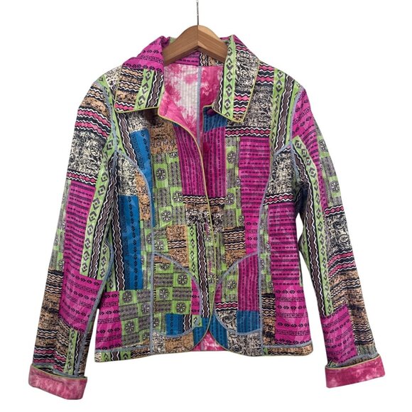 Handmade Womens Jacket Sz M Pink Patchwork Reversible Quilted OOAK Artsy Boho - Picture 1 of 11
